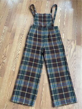 Cider Plaid Overall Jumpsuit Wide Leg Side Zip Brown Green Size L